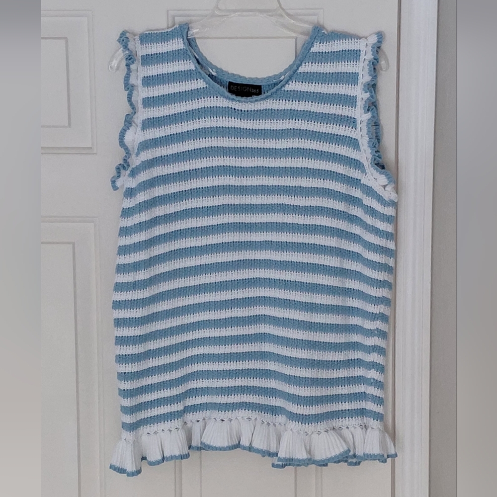 Design 365 Ruffle crochet Stripe Blue White Feminine Sleeveless Sweater. Sz 1X.